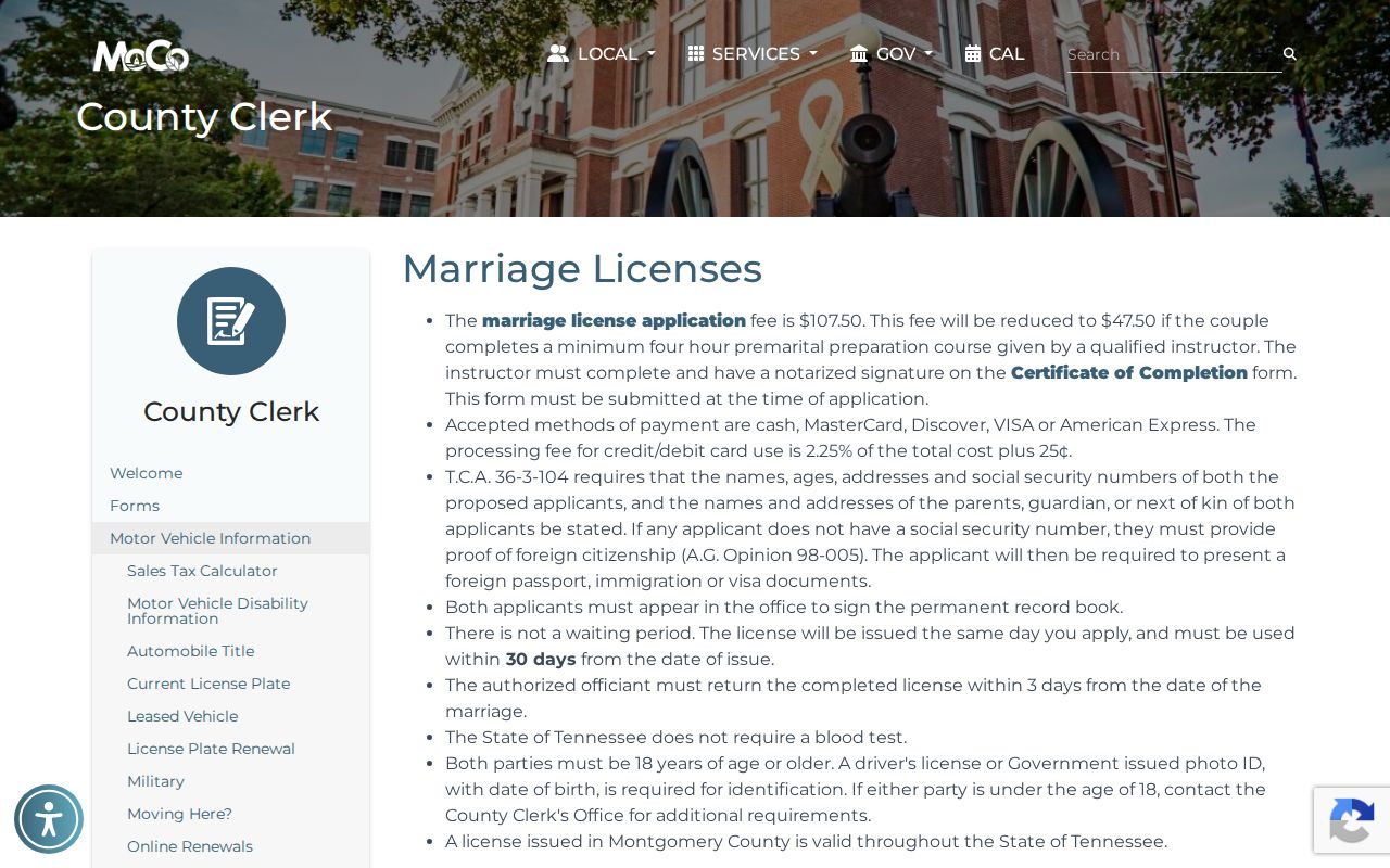 Clarksville residents directory Montgomery County marriage records access
